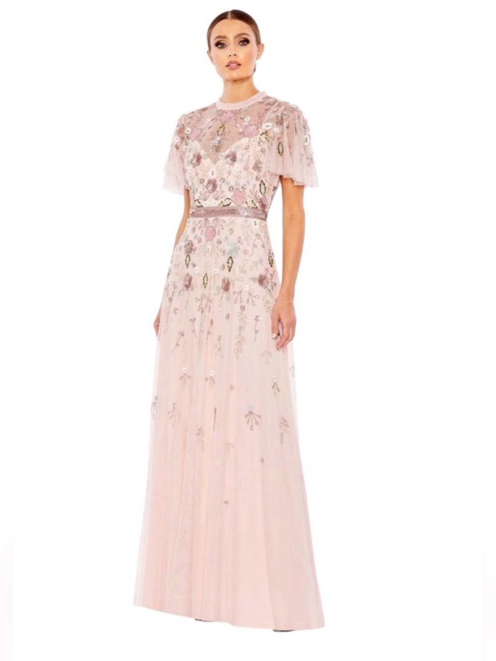 NWT Mac Duggal Embroidered Beaded  Floral 9136 Flutter Sleeve Gown Size 12